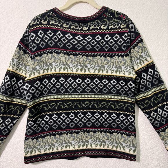 Cherokee Black/Green Fair Isle Holiday Buttoned Oversized Cardigan Sweater Small - Picture 4 of 5